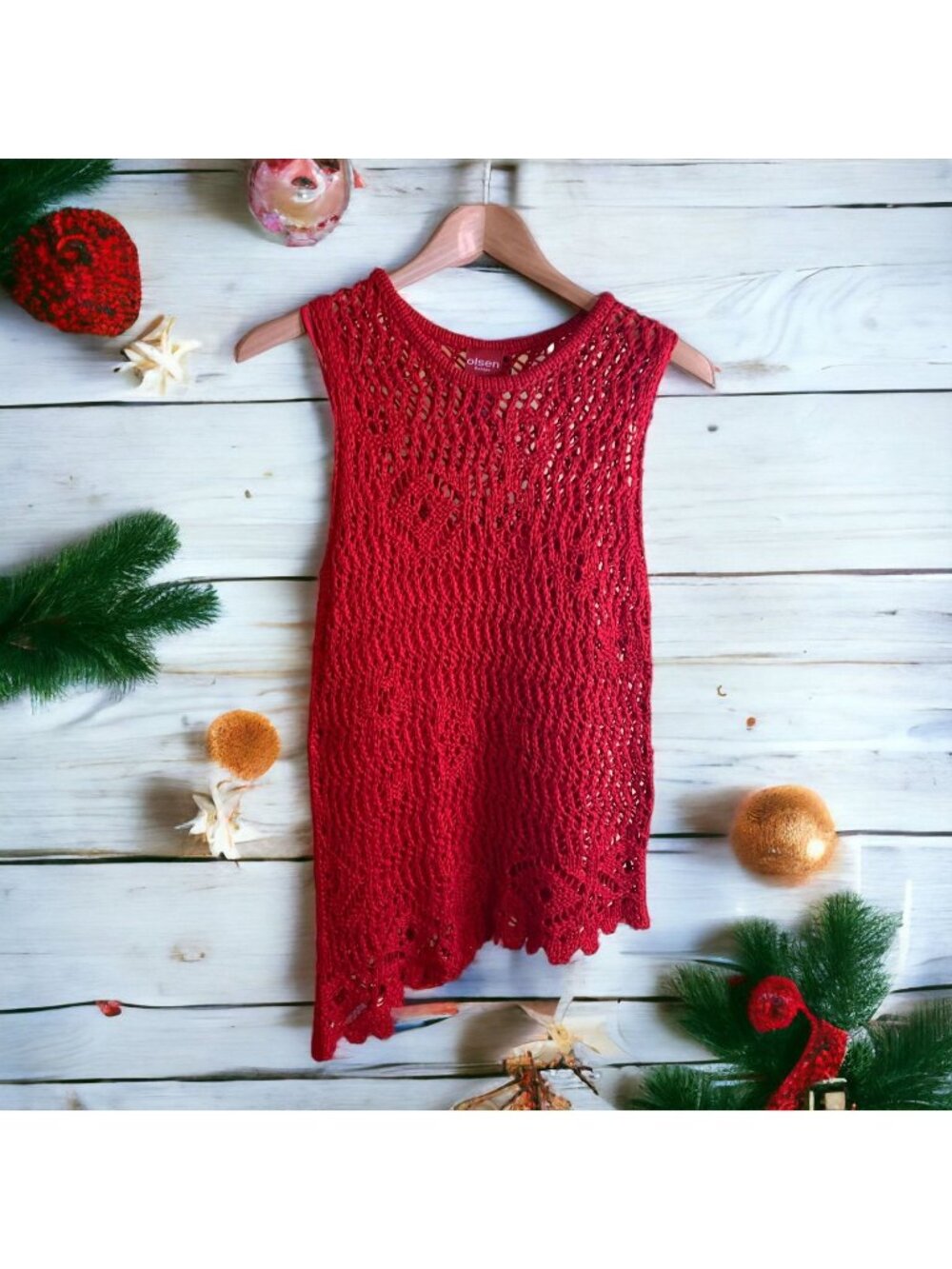 Olsen Europe Crochet Tunic Sweater Medium Red Sleeveless Lagenlook Holiday Boho